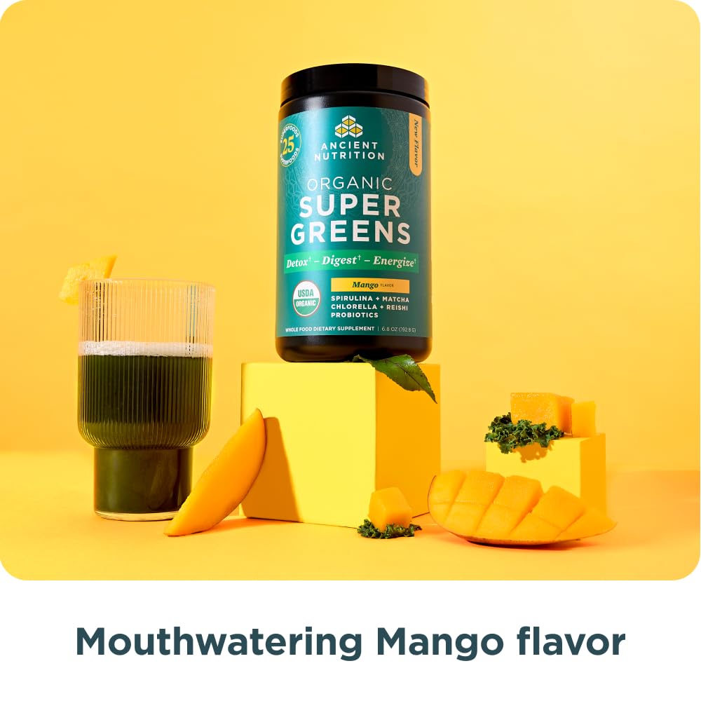 Ancient Nutrition SuperGreens mango shake served in a glass for energy.
