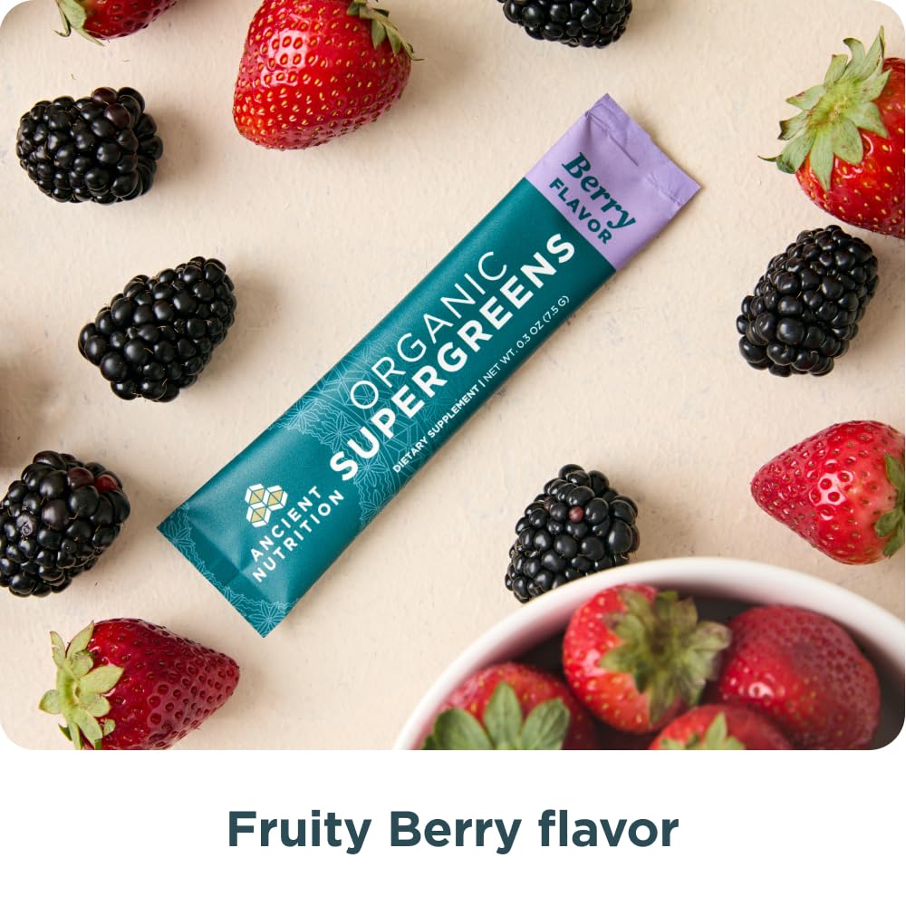 Ancient Nutrition SuperGreens prepared with water for quick greens boost.