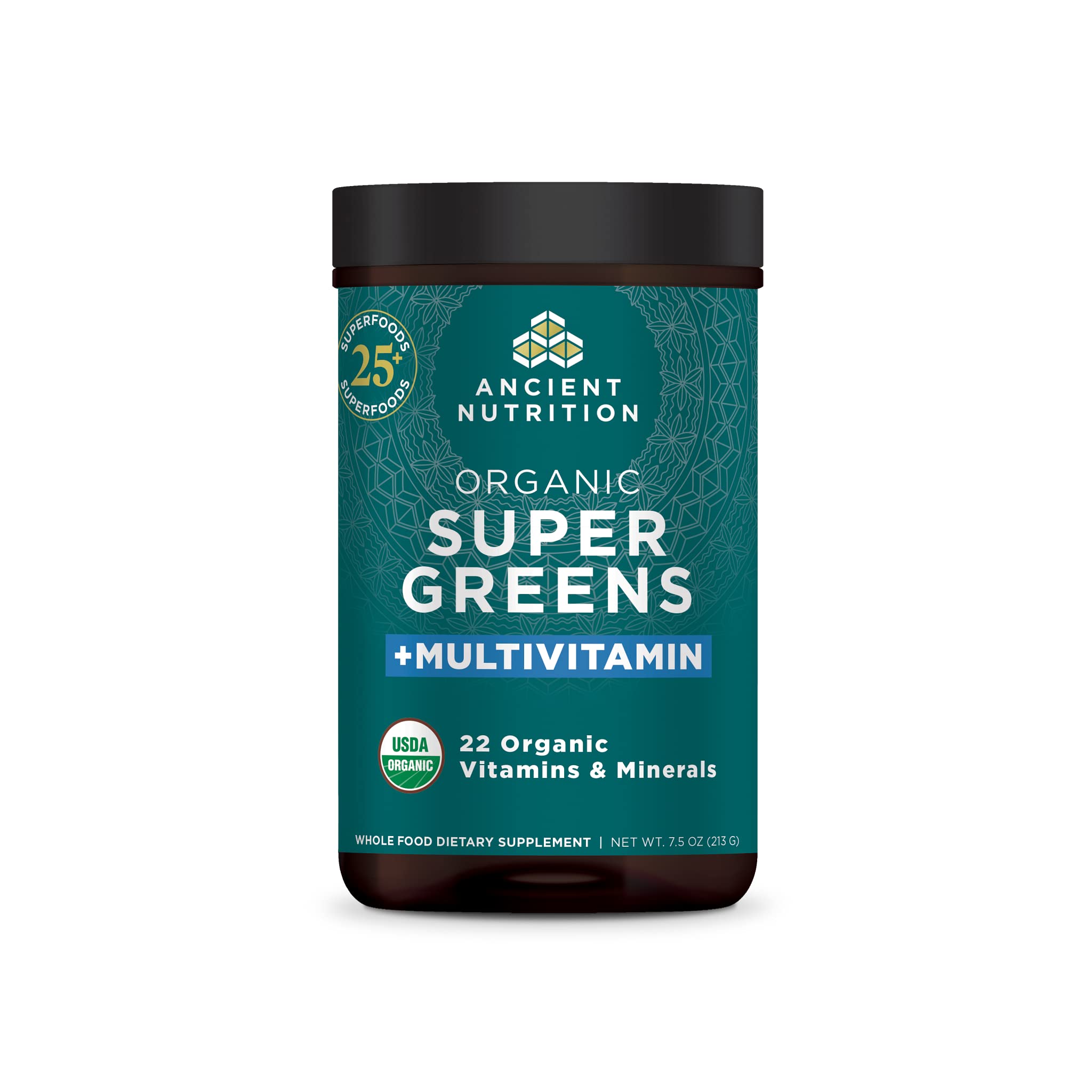 Ancient Nutrition SuperGreens + Multivitamin bottle for daily nutrition and energy support
