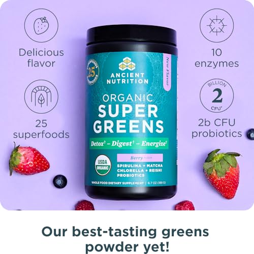 Ancient Nutrition SuperGreens organic berry flavor bottle highlights probiotic blend for gut support.