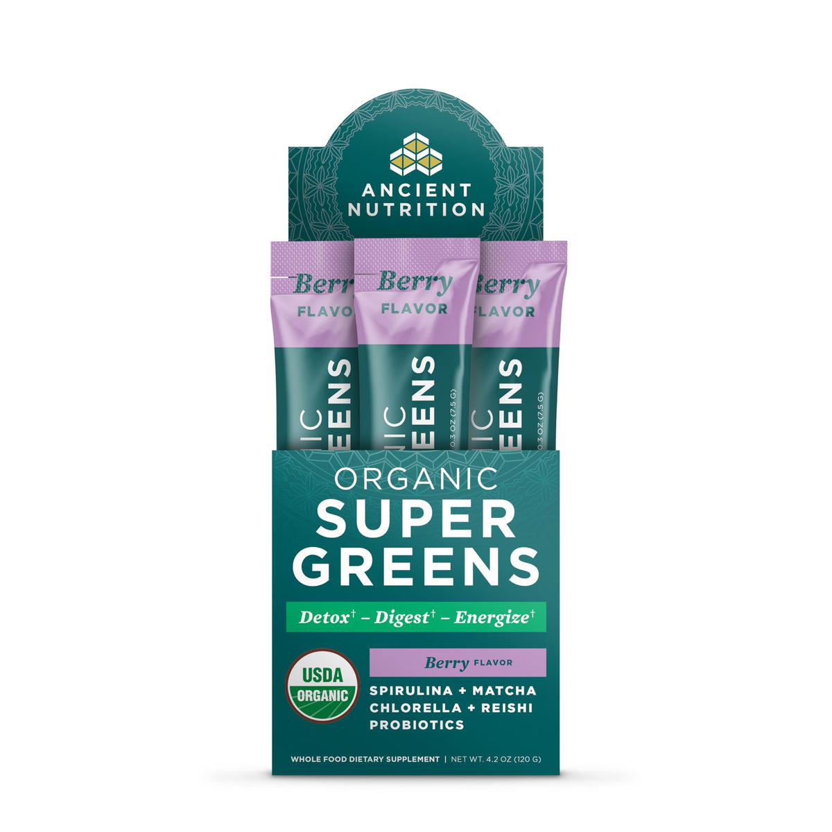 Ancient Nutrition SuperGreens pouch front view highlighting organic ingredients.