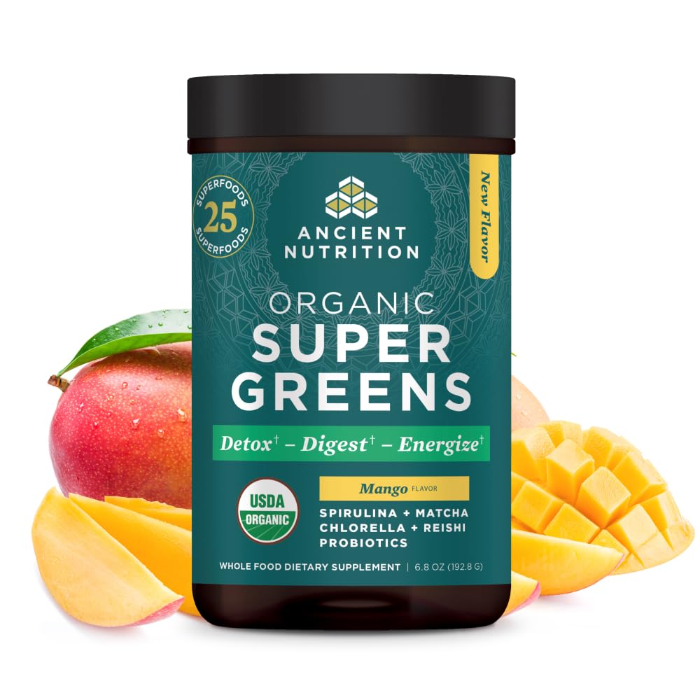 Ancient Nutrition SuperGreens bottle displaying mango flavor and label.