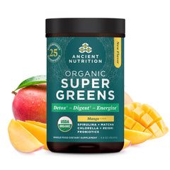 Ancient Nutrition SuperGreens bottle displaying mango flavor and label.