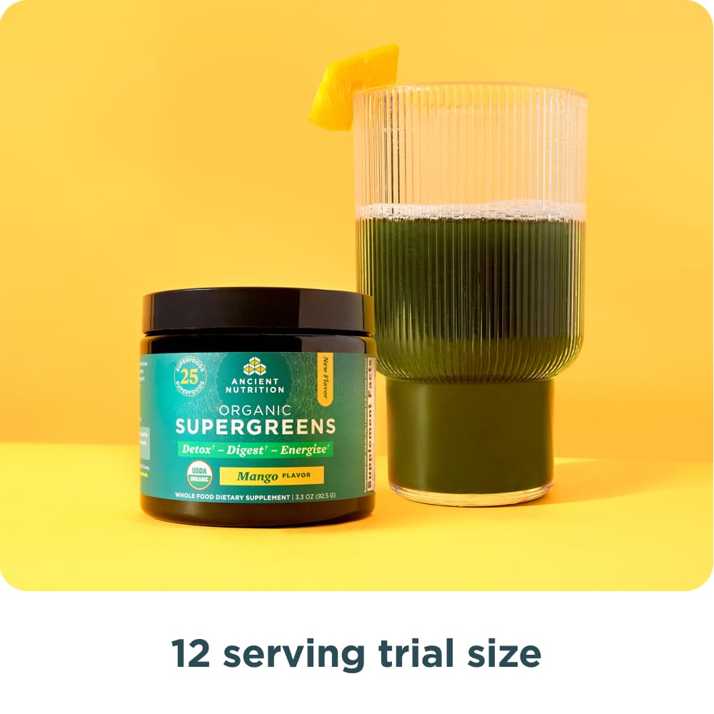 Ancient Nutrition SuperGreens with probiotic blend supports gut-friendly nutrition on busy days.