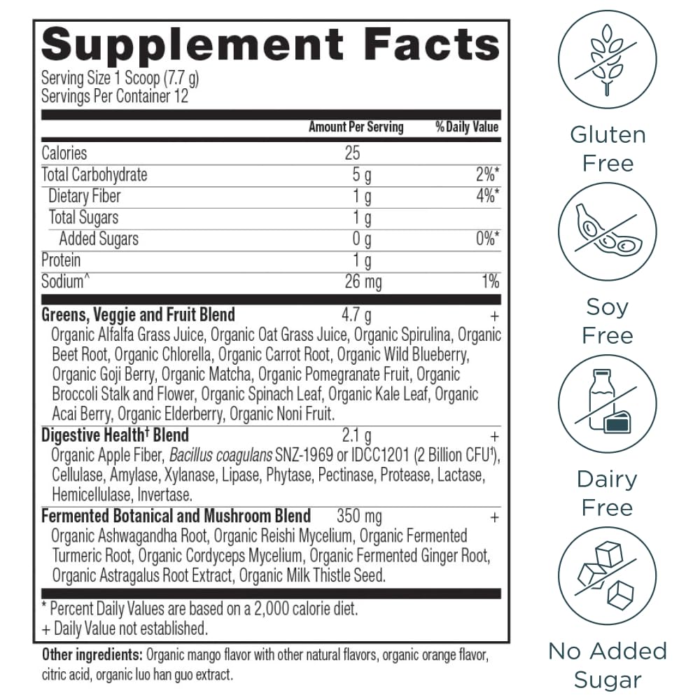 Ancient Nutrition SuperGreens probiotics bottle close-up highlights digestive support from live cultures.