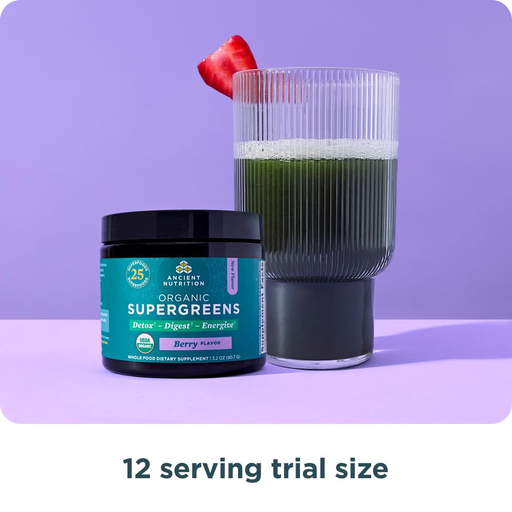 Ancient Nutrition SuperGreens smoothie-idea highlights quick daily greens boost.