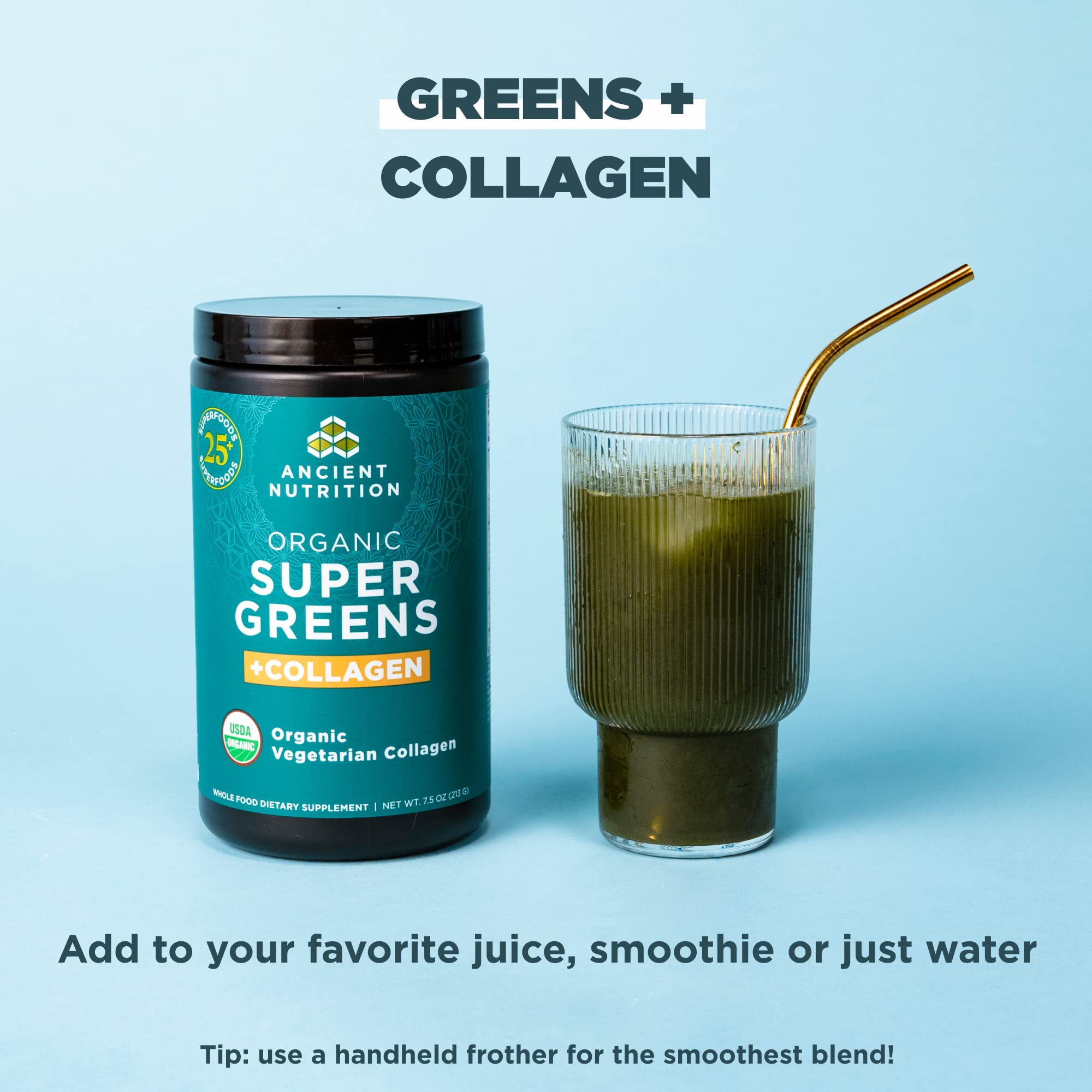 Greens powder being poured into smoothie for a convenient meal boost.