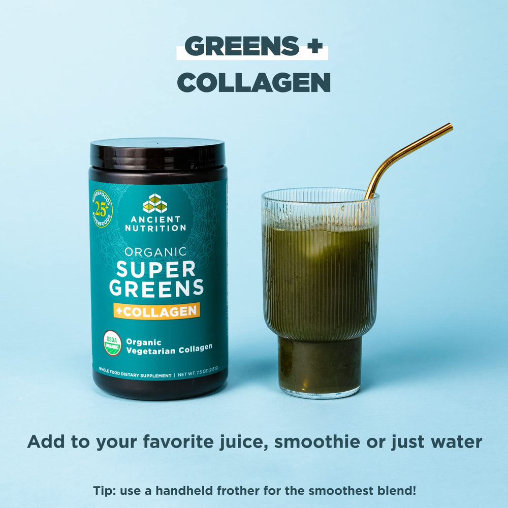 Greens powder being poured into smoothie for a convenient meal boost.