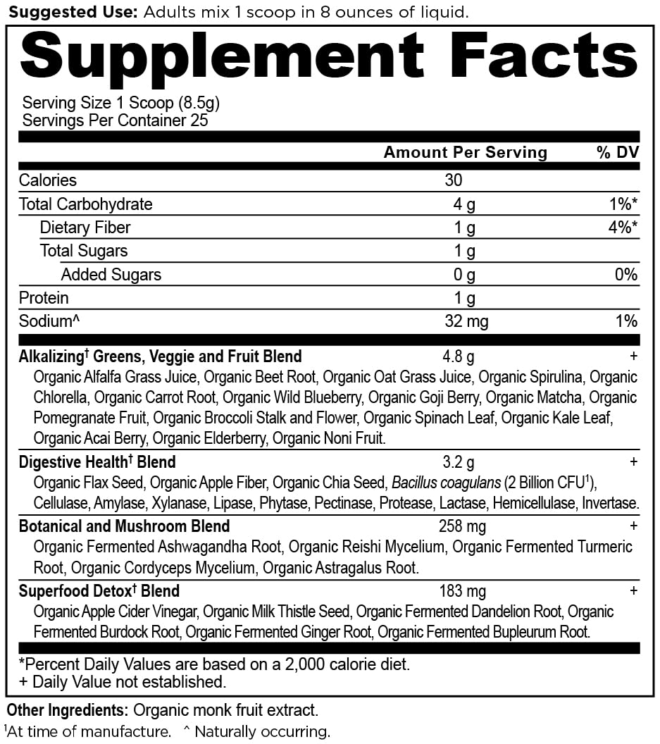 Ancient Nutrition Supergreens greens blend shows spirulina and oat grass for energy support.