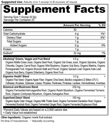 Ancient Nutrition Supergreens greens blend shows spirulina and oat grass for energy support.