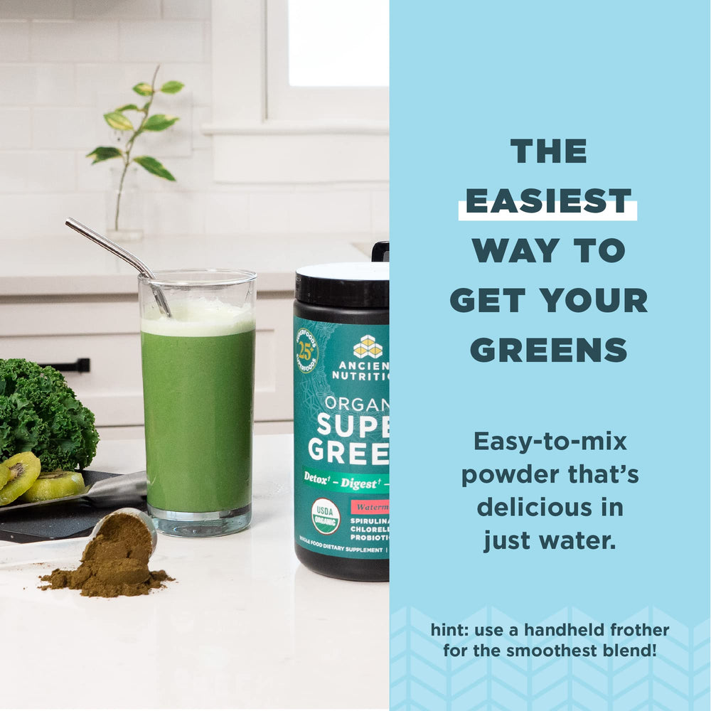 Ancient Nutrition SuperGreens watermelon flavor glass showcases refreshing greens sip.