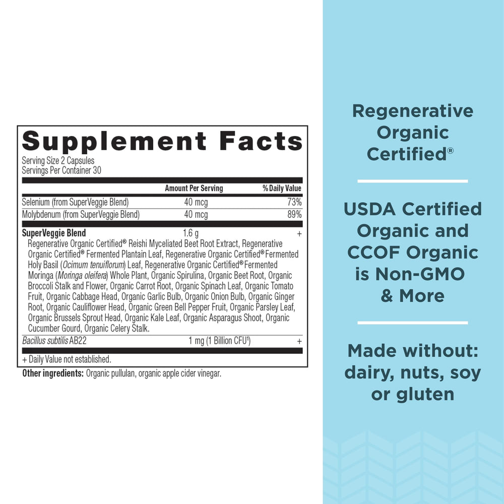 Ancient Nutrition SuperVeggies capsules on greens backdrop for daily greens.