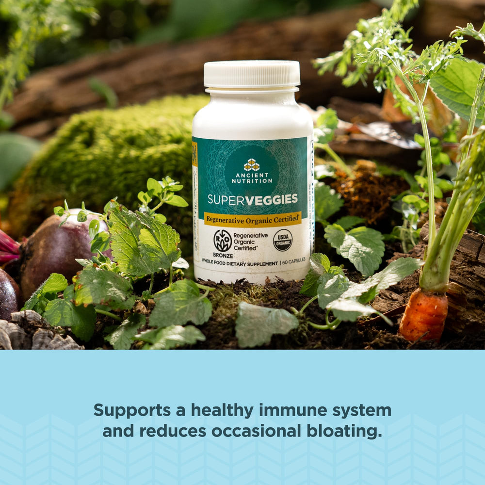 Ancient Nutrition SuperVeggies kale broccoli spinach capsules for daily nutrition.