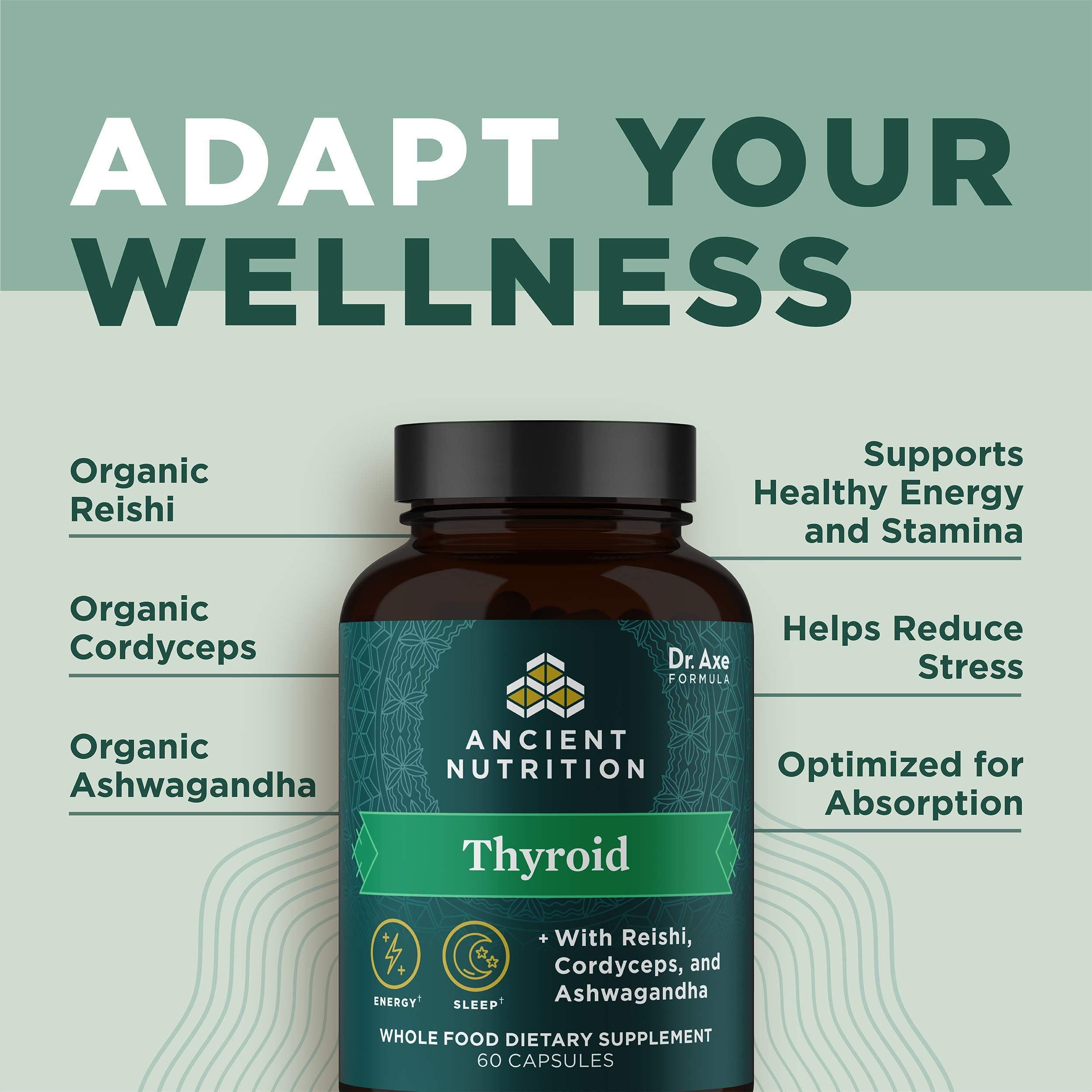 Ancient Nutrition Thyroid Support with gluten-free, paleo, and keto-friendly icons.
