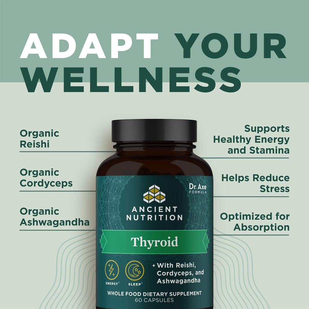 Ancient Nutrition Thyroid Support with gluten-free, paleo, and keto-friendly icons.