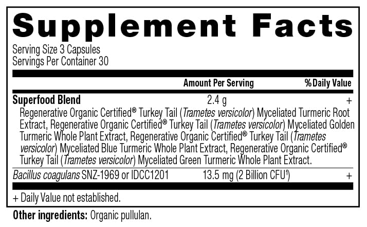 Ancient Nutrition turmeric capsules label with ROC seal highlighting organic quality