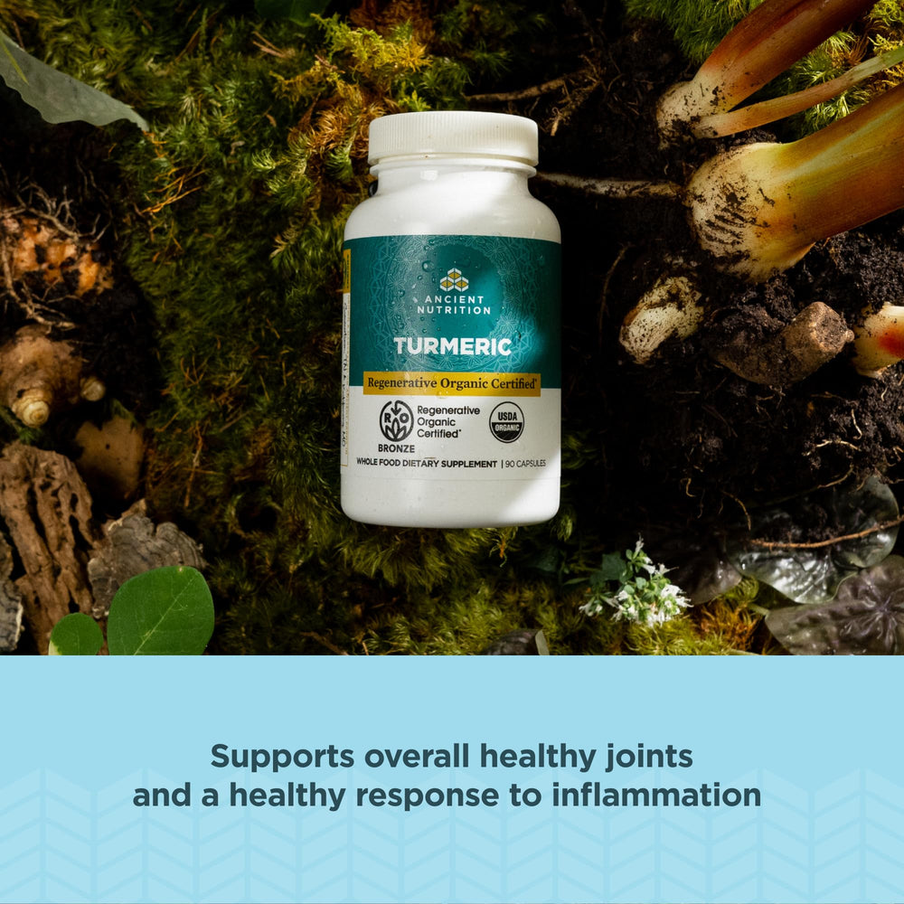 Ancient Nutrition turmeric three forms golden green blue collage showcases unique blend