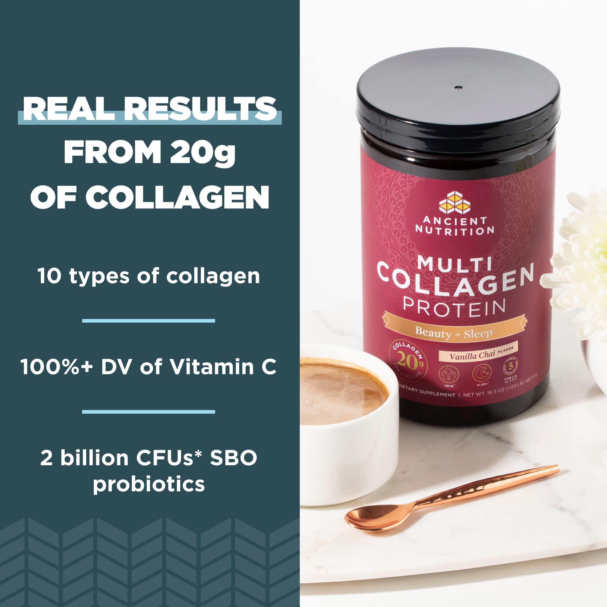 Ancient Nutrition vanilla-chai powder stirred into a cup for flavorful daily hydration.
