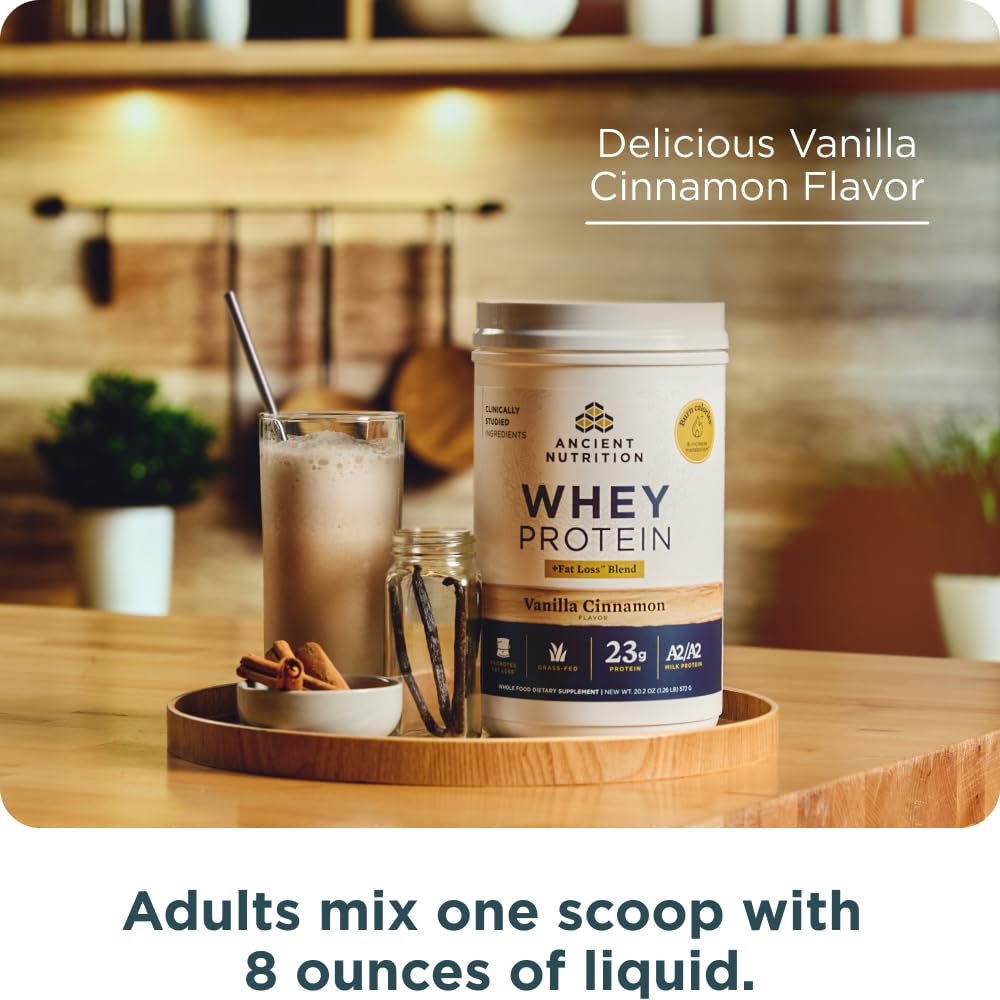 Ancient Nutrition vanilla cinnamon protein shake glass demonstrates convenient post-workout routine.
