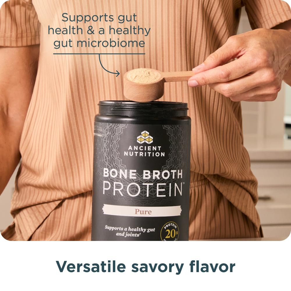 Ancient Nutrition vanilla flavor bone broth powder in shaker