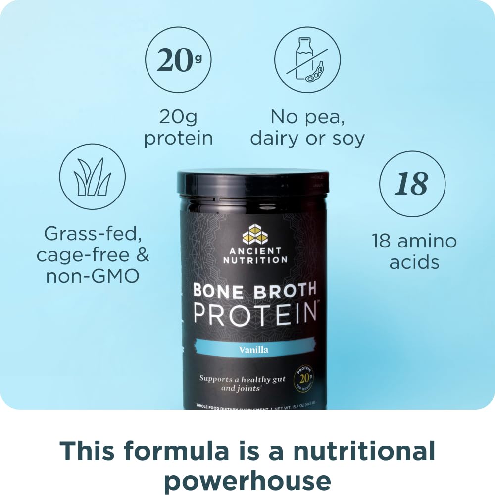 Ancient Nutrition vanilla flavor scoop for quick blending in smoothies.