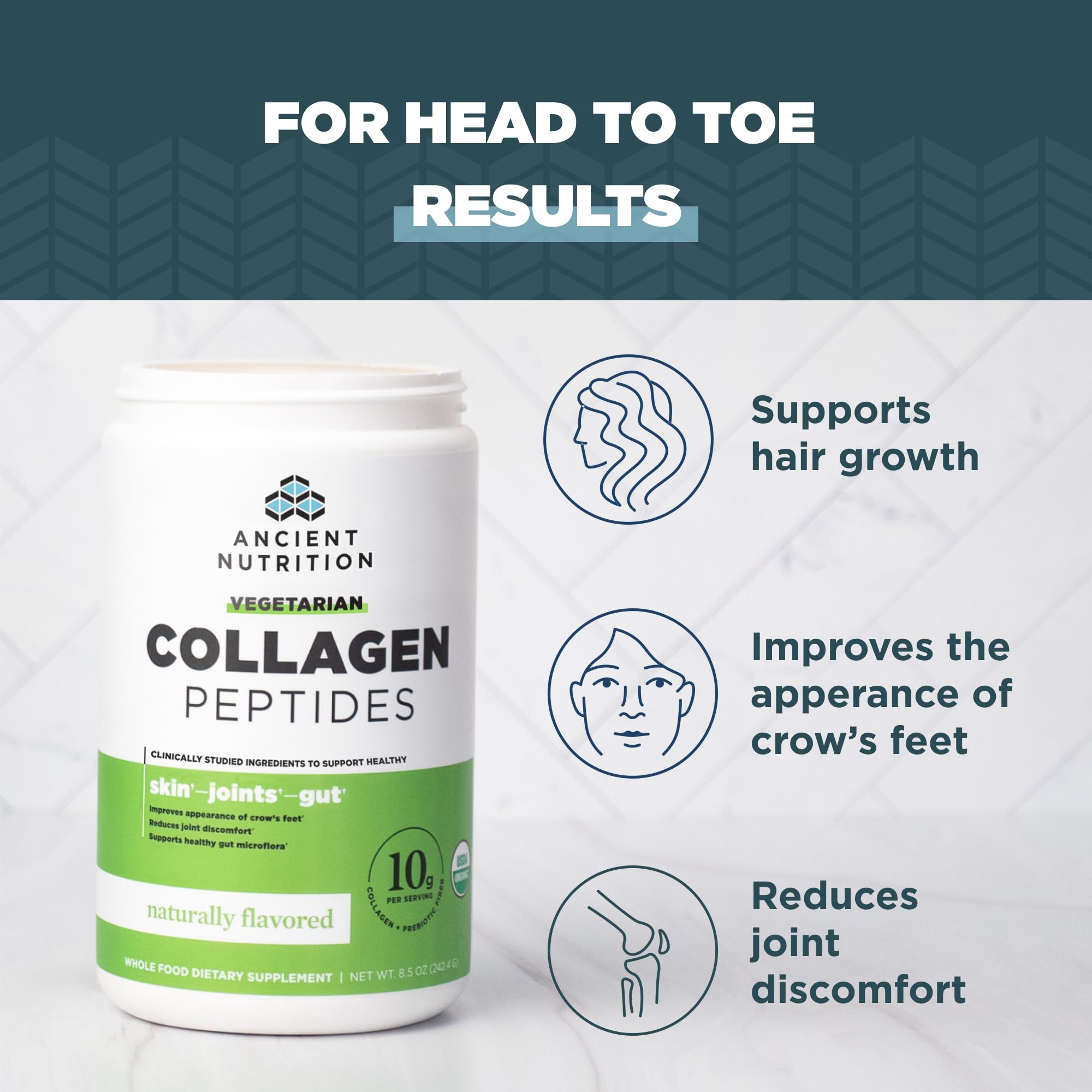 Ancient Nutrition Vegetarian Collagen Natural Flavor Label delicious taste helps daily beauty routines