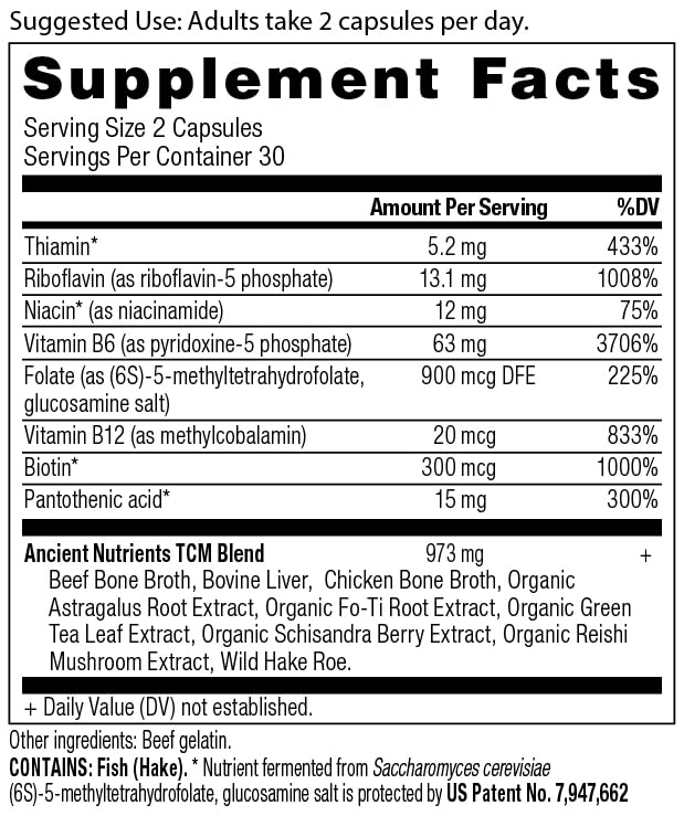 Ancient Nutrition Vitamin B Complex capsules ready for daily intake.