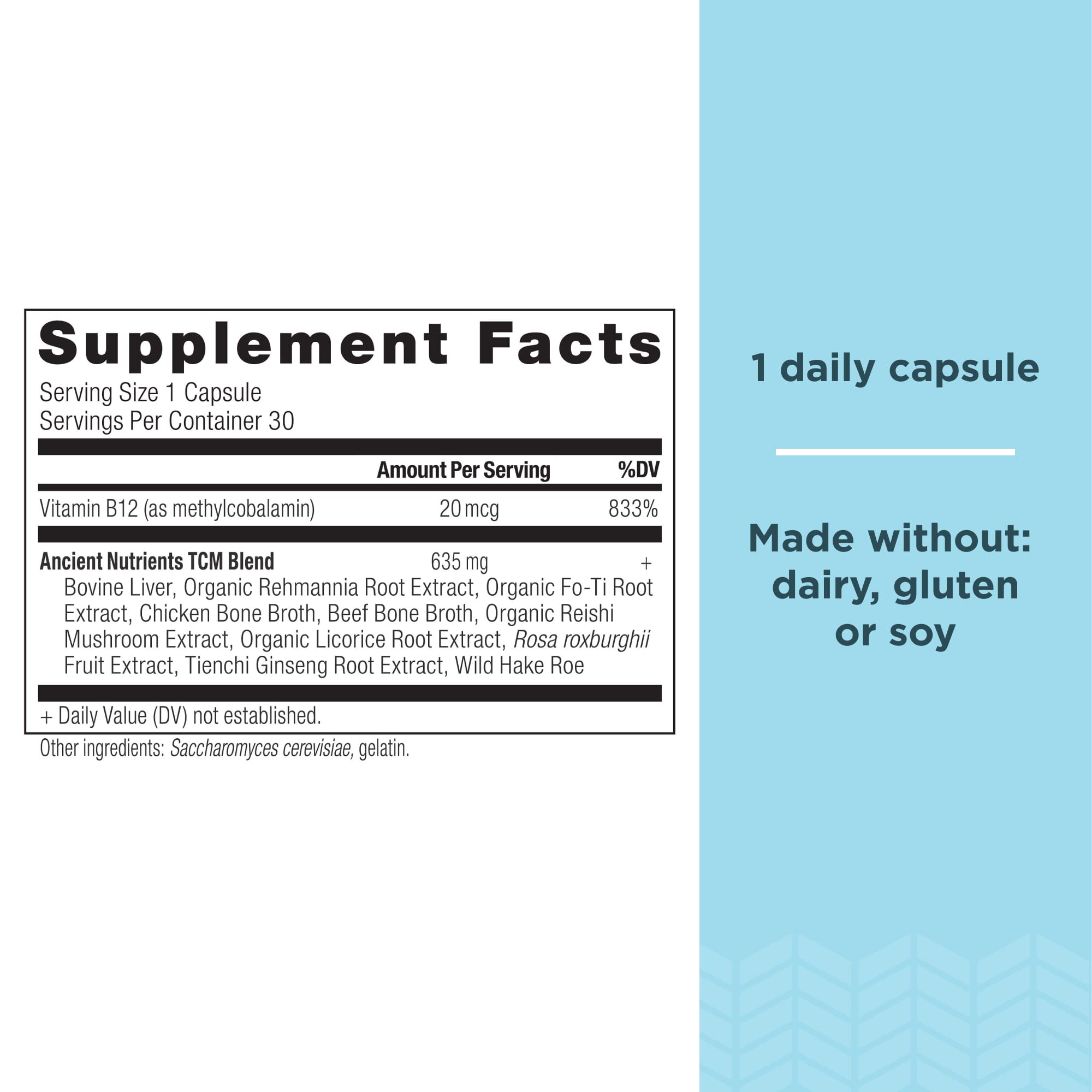 Ancient Nutrition Vitamin B12 capsules shown for convenient daily use.
