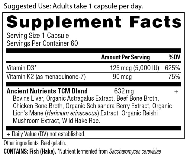 Ancient Nutrition Vitamin D 5000 IU capsules ready for daily use with or without food.