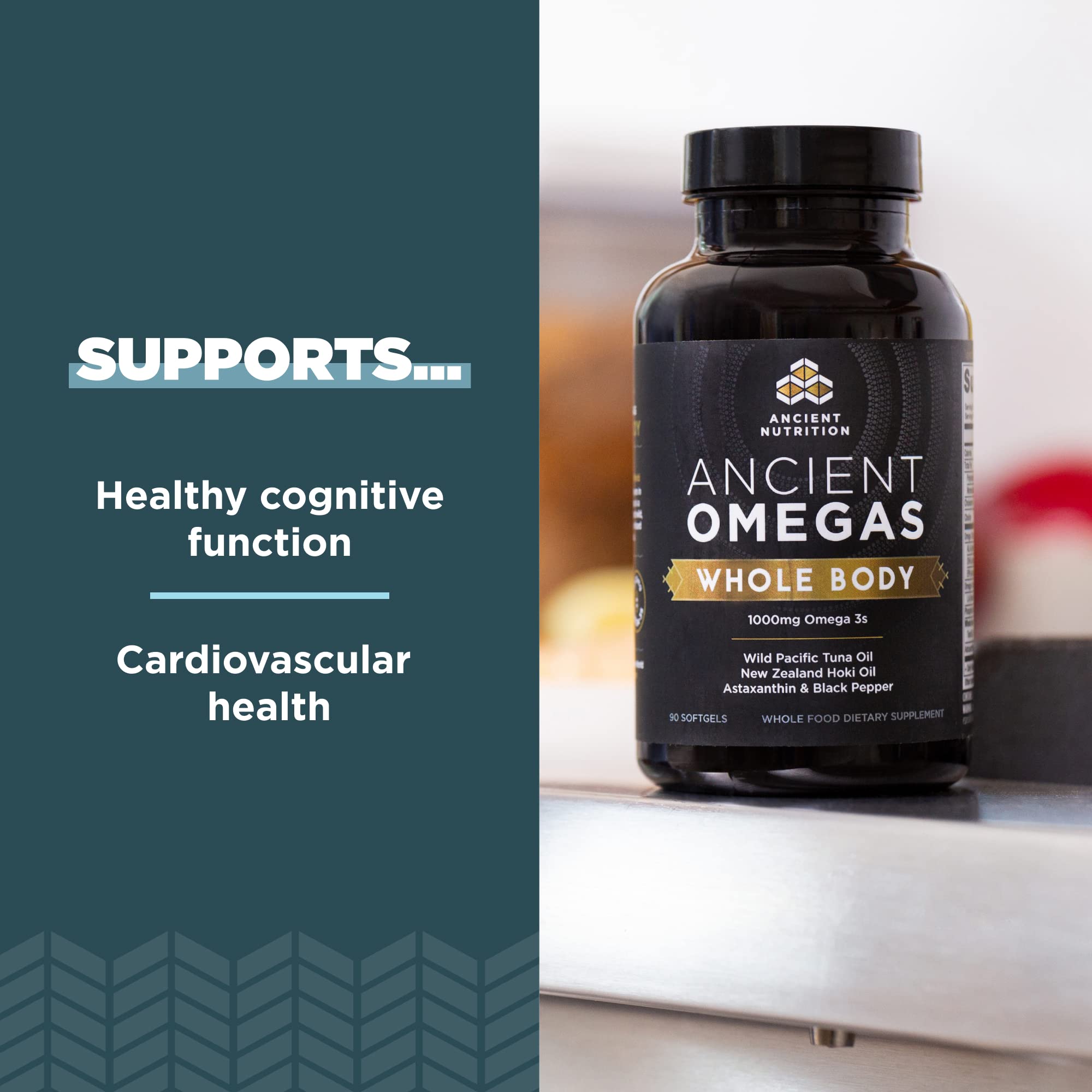 Ancient Nutrition wild caught fish oil visual highlighting source and purity.