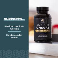 Ancient Nutrition wild caught fish oil visual highlighting source and purity.