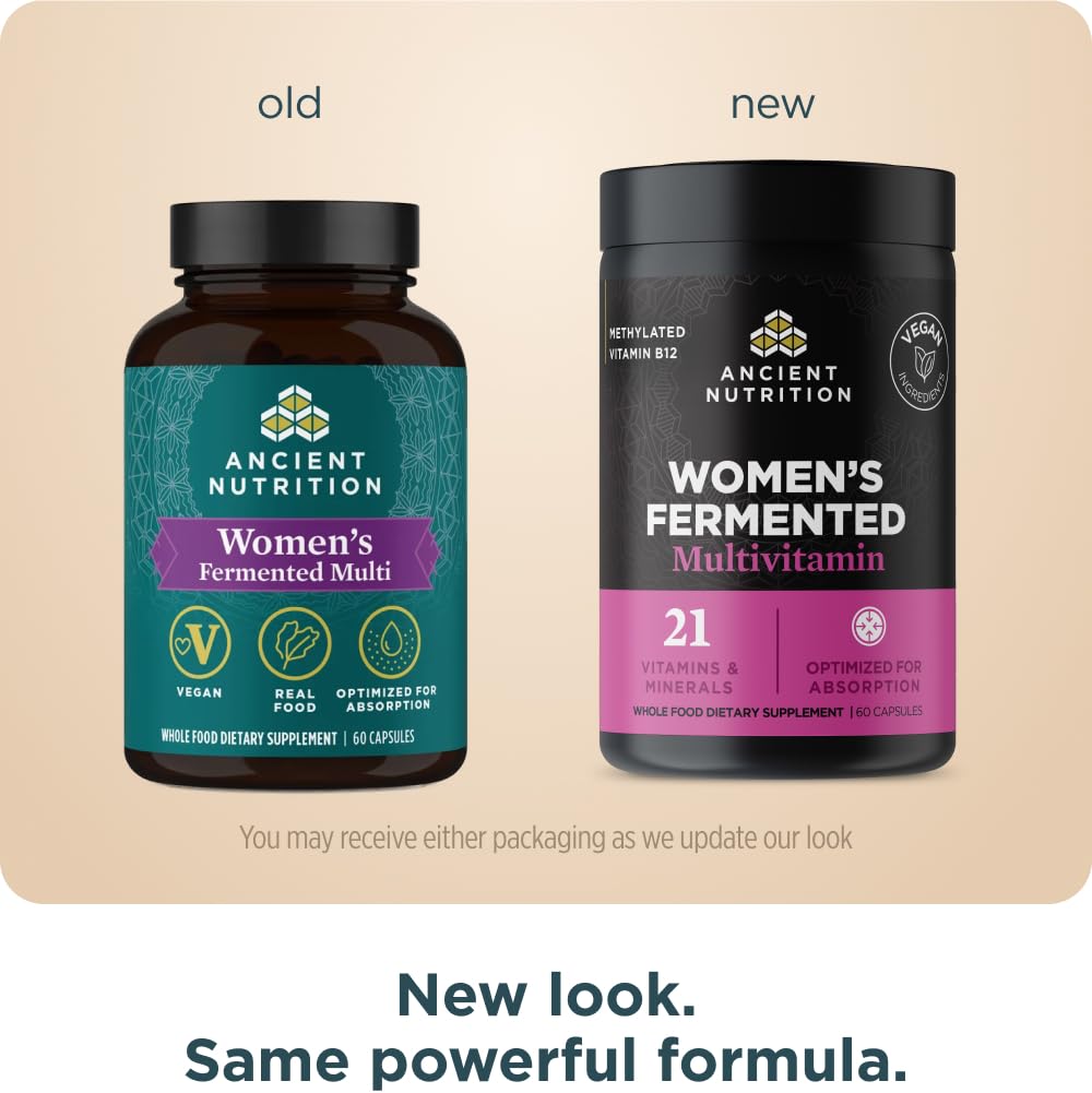 Ancient Nutrition Women's Fermented Multivitamin capsules close-up for daily vitality.