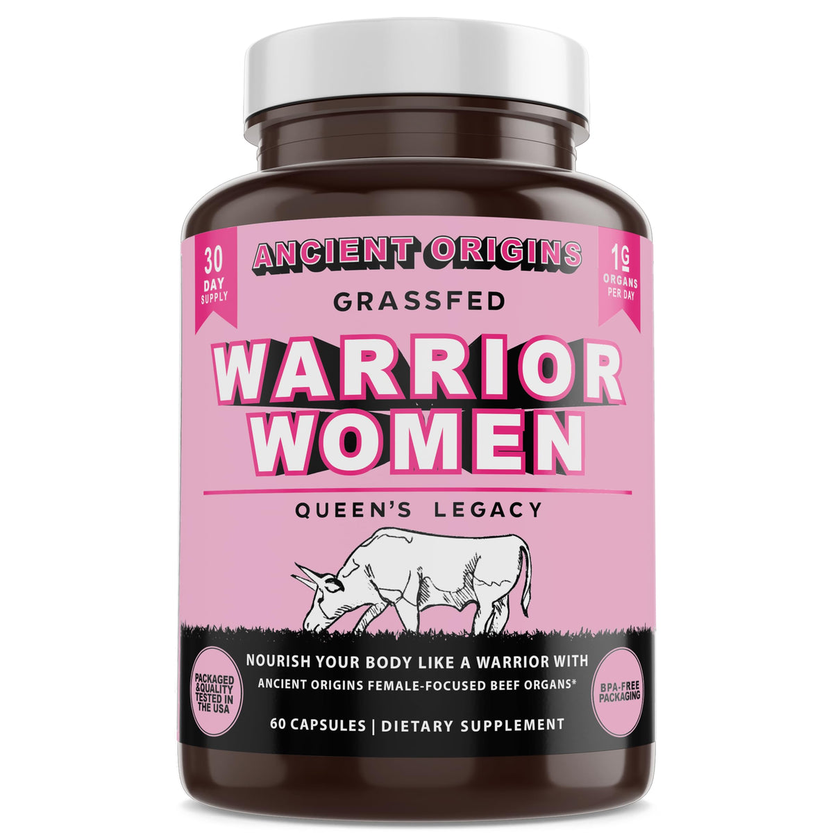 Ancient Origins bottle of female beef organ supplement with capsules for daily energy support.