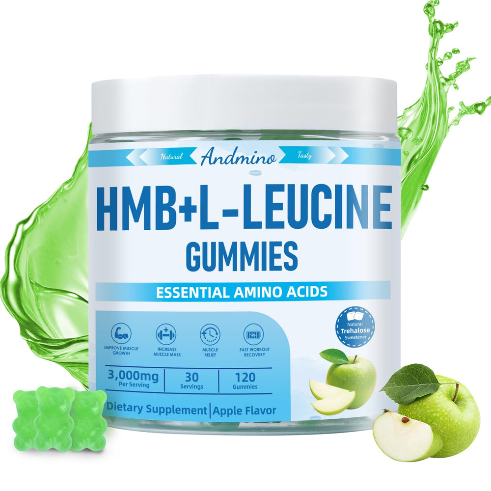 andmino HMB-L-Leucine gummies in a bottle showcasing apple flavor for daily use