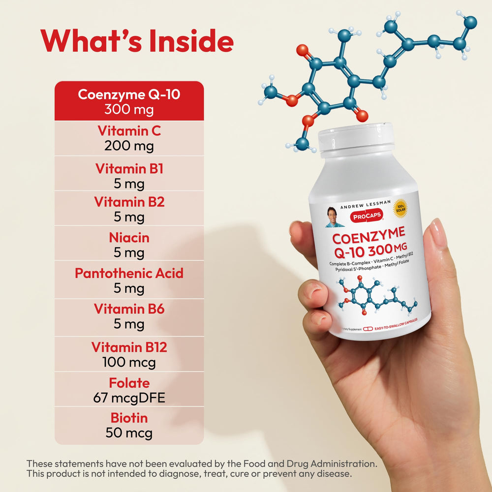Andrew Lessman CoQ10 300 mg ingredient label highlights B-complex and vitamin C synergy