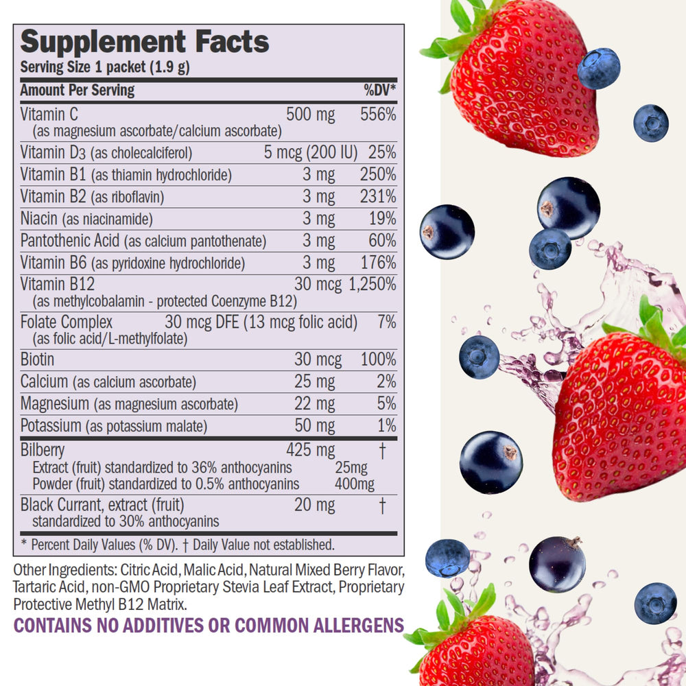 Pouring Andrew Lessman Efficient C Mixed Berry into a glass for a refreshing, zero-calorie boost