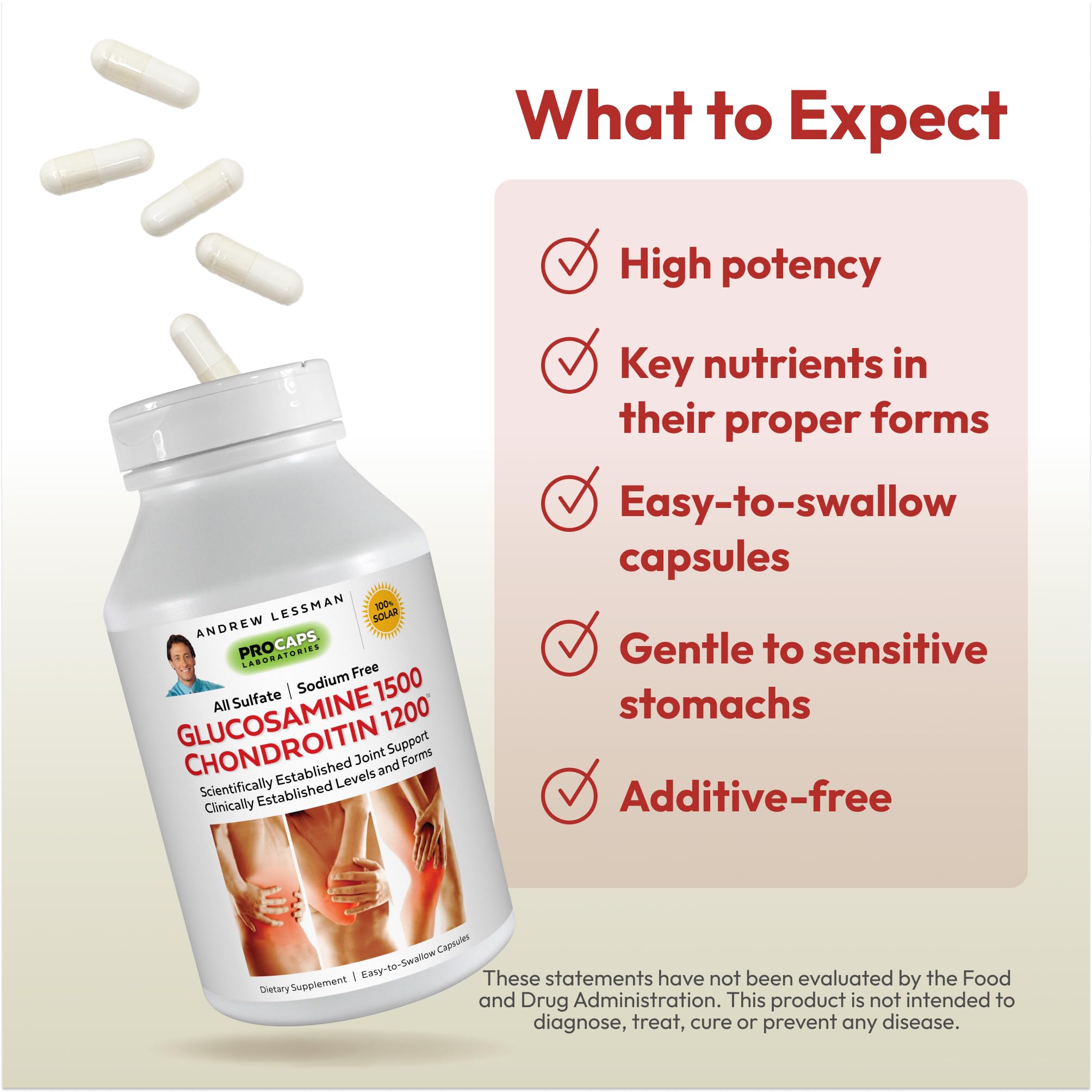 Ingredients panel showing Glucosamine Sulfate and Chondroitin Sulfate content