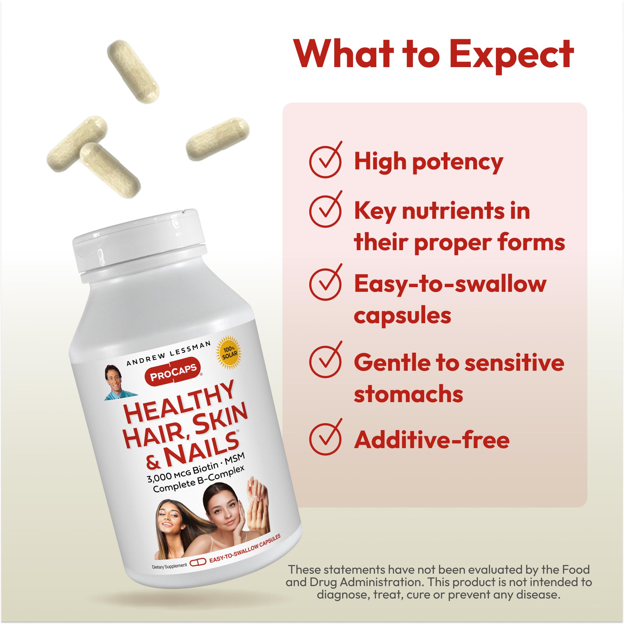 ANDREW LESSMAN Healthy Hair, Skin & Nails capsules closeup with biotin and B-complex