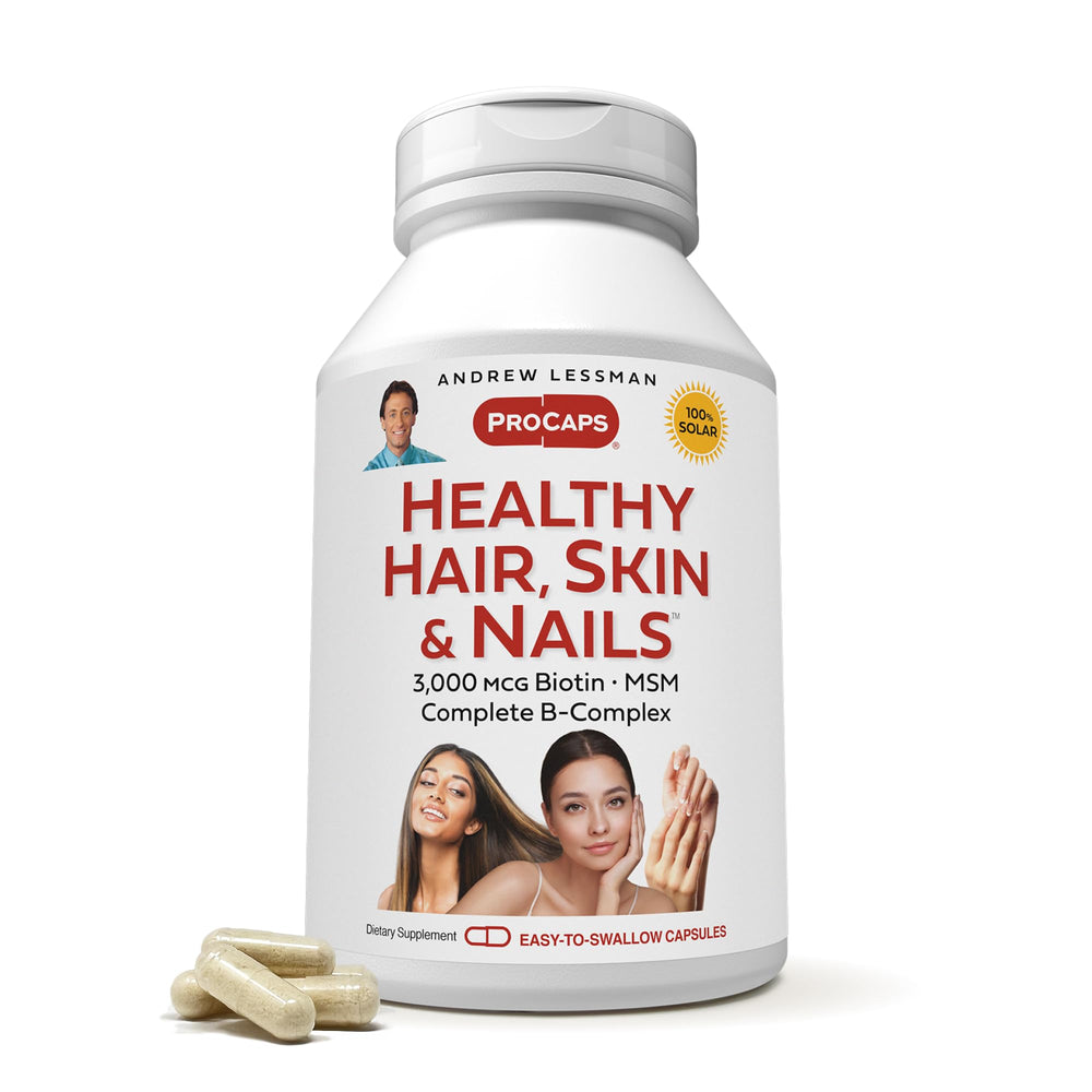 ANDREW LESSMAN Healthy Hair, Skin & Nails bottle front highlighting high-bioactivity biotin