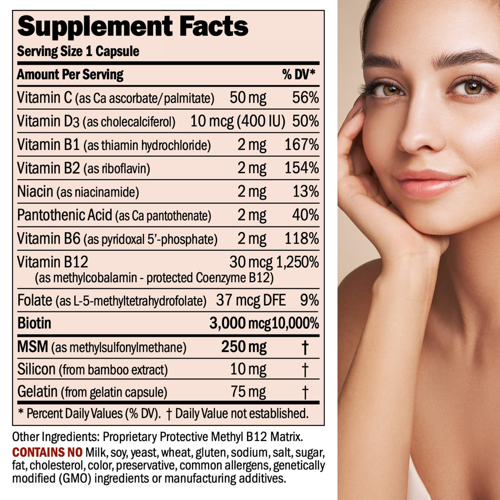 ANDREW LESSMAN Healthy Hair, Skin & Nails bottle label closeup emphasizing MSM and silicon