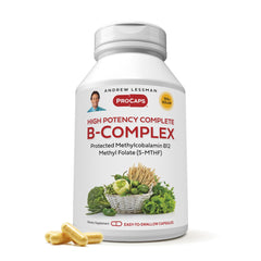 Andrew Lessman High Potency B-Complex bottle pours capsules for daily energy support.