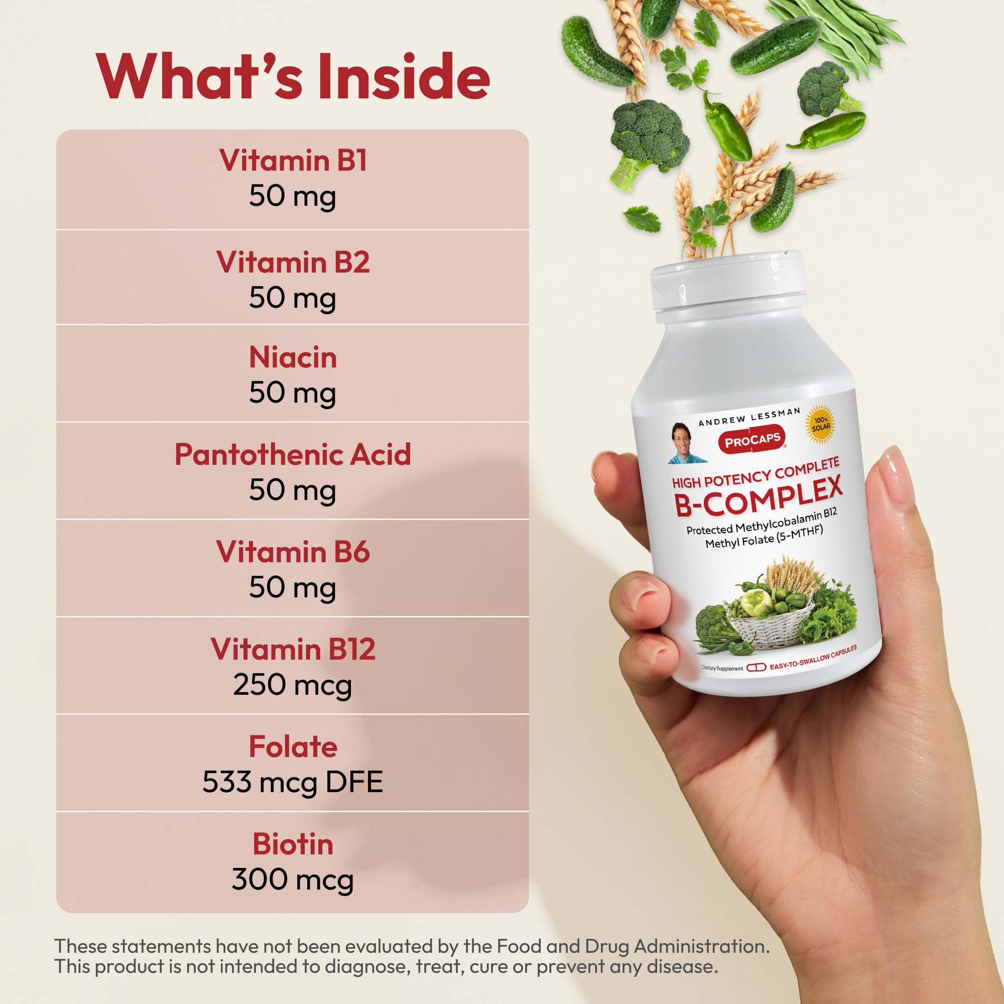 Andrew Lessman High Potency B-Complex label close-up shows methyl B12 and folate for cellular support.