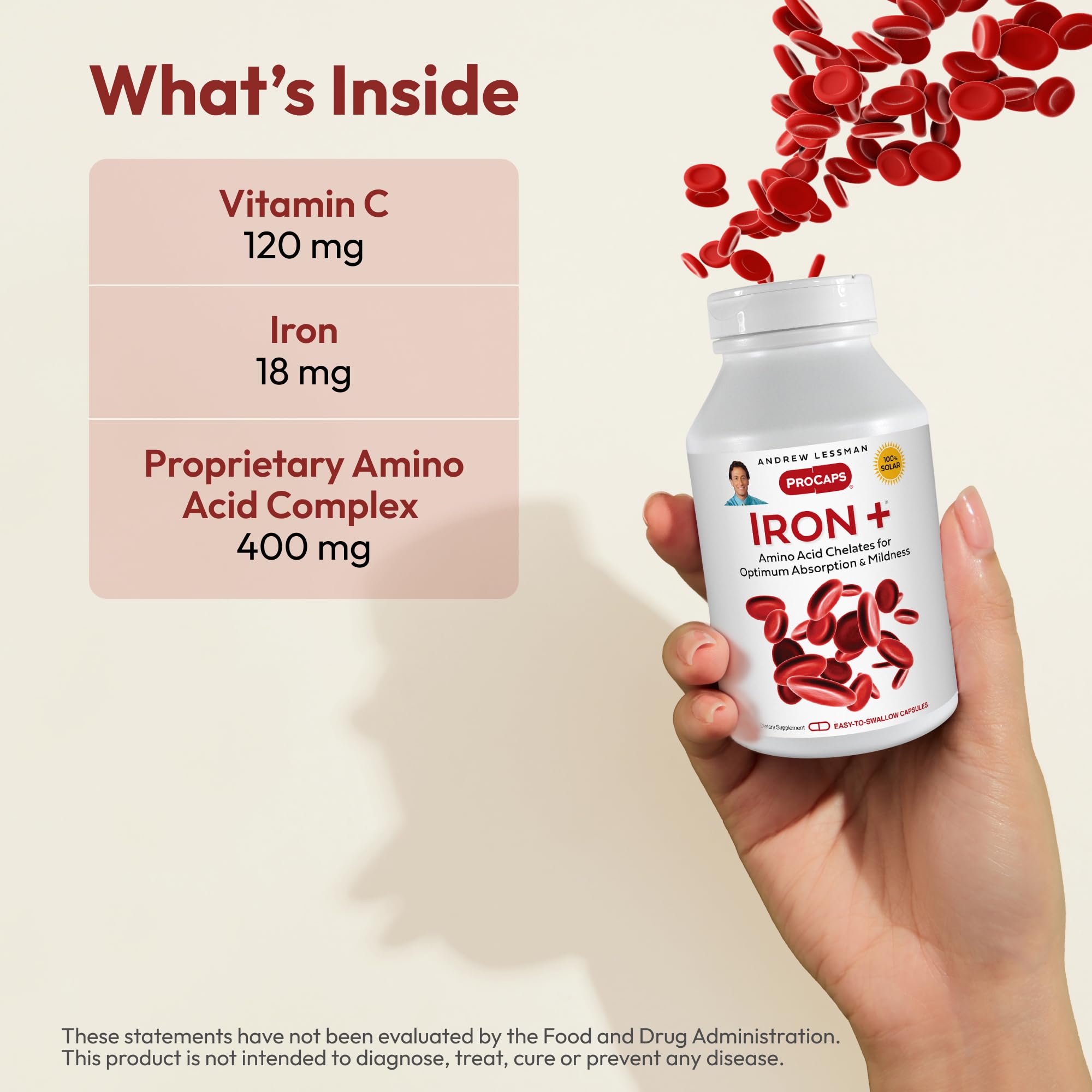 Andrew Lessman Iron Plus bottle closeup highlights tiny capsules for easy daily iron support.