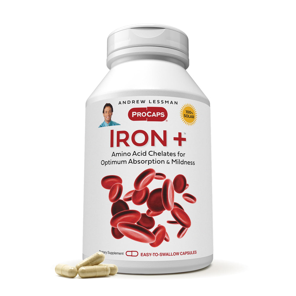Andrew Lessman Iron Plus bottle label shows chelated iron and vitamin C for absorption support.