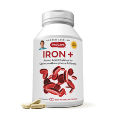 Andrew Lessman Iron Plus bottle label shows chelated iron and vitamin C for absorption support.