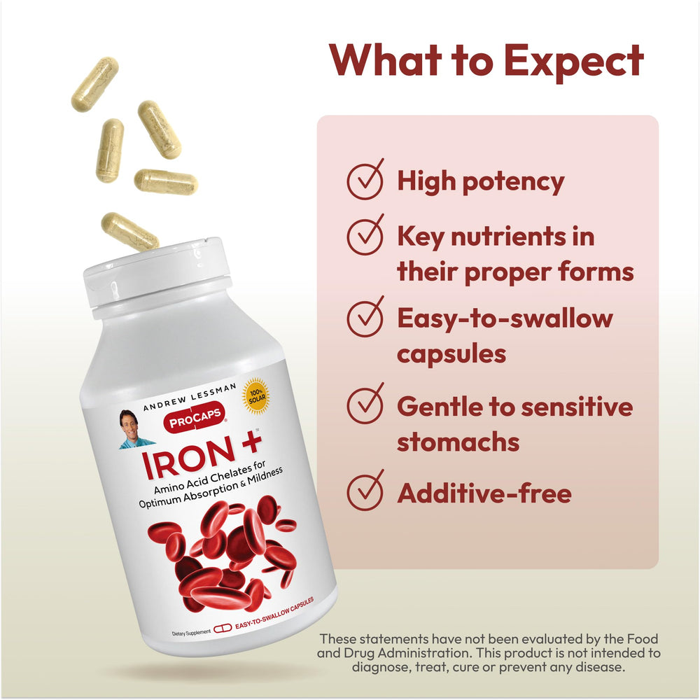 Andrew Lessman Iron Plus packaging emphasizes eco-friendly, solar-powered production and recyclable bottles.