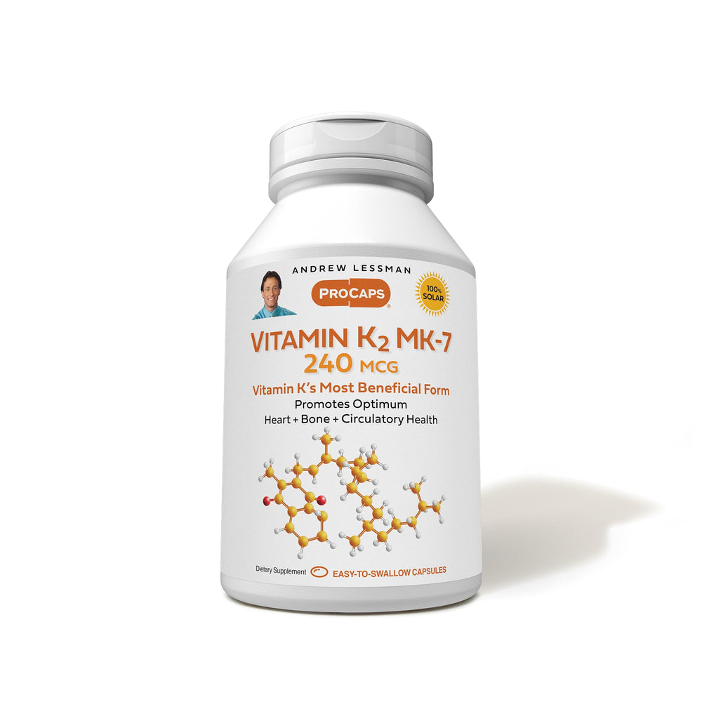Andrew Lessman Vitamin K2 MK7 bottle highlighting calcium utilization for bones