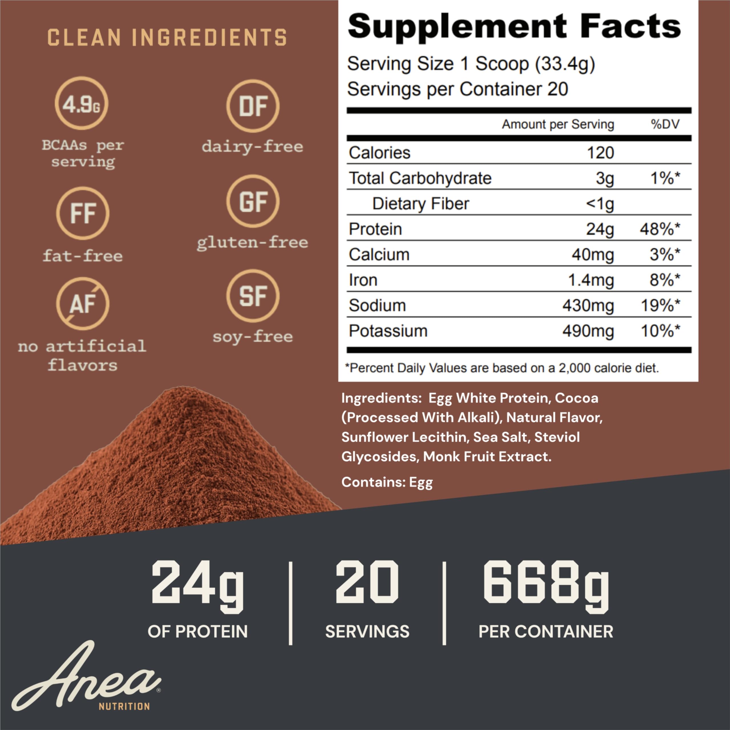 Anea Nutrition Egg White Protein Chocolate tub label highlights GMP certification