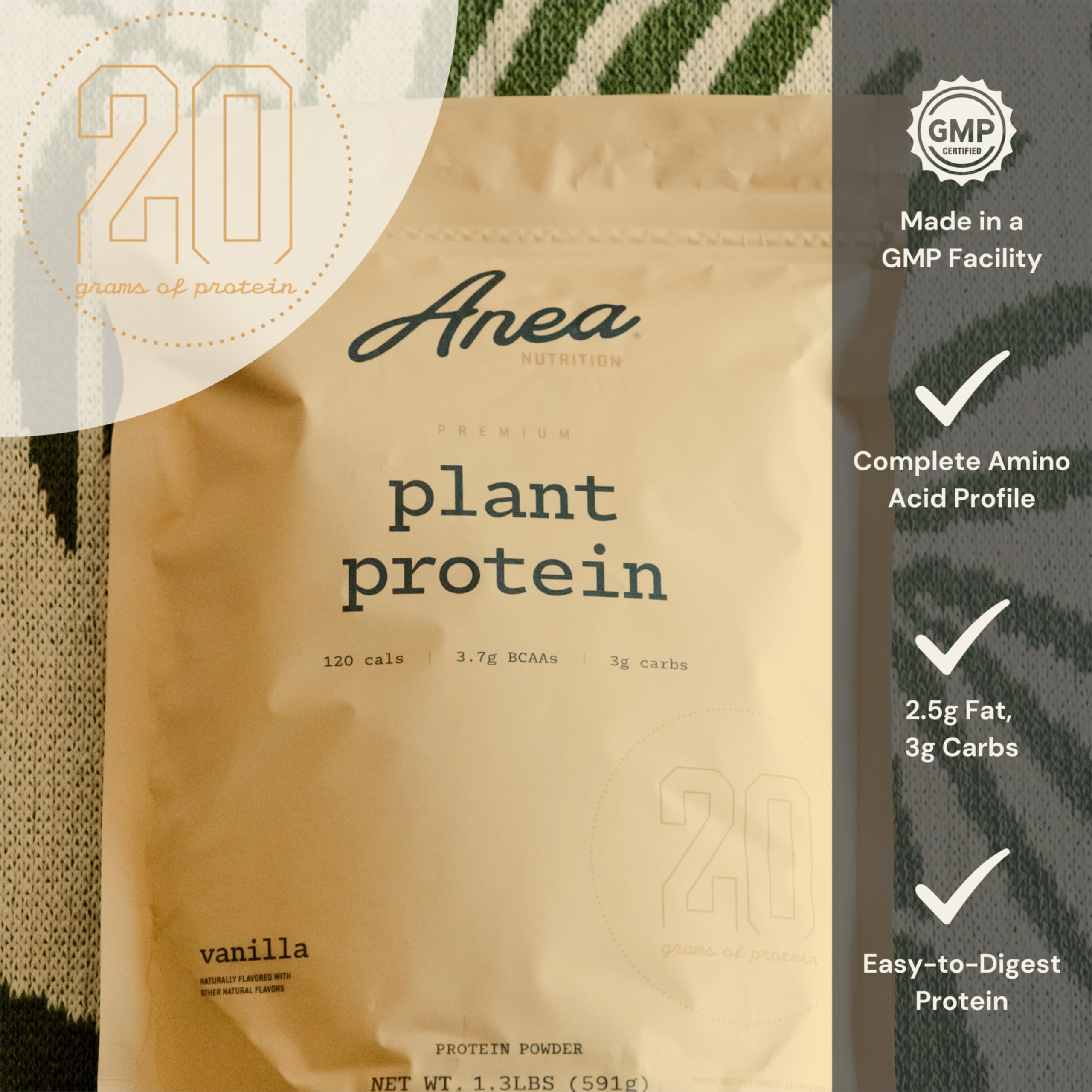 Anea Nutrition Plant Protein Vanilla scoop on counter for quick, clean protein.
