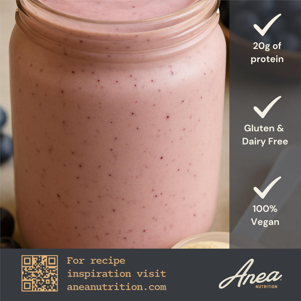 Anea Nutrition Vanilla shake with fruit demonstrates tasty, convenient protein.